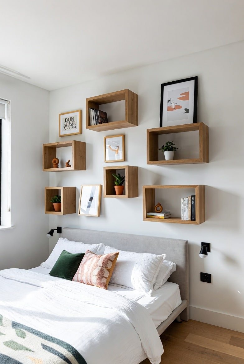 Floating wooden box shelves arranged on white wall with art and plants.