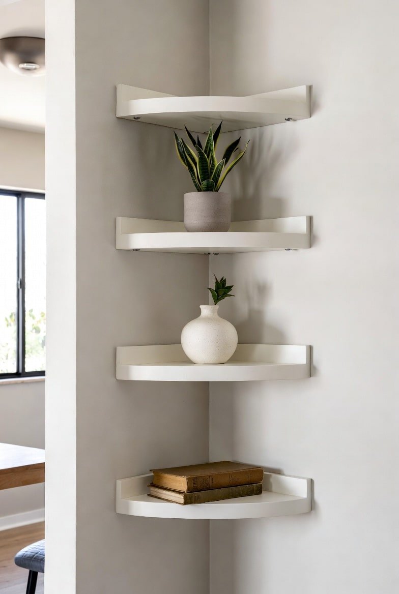 Four white quarter-circle floating shelves with raised back edges mounted in a corner.