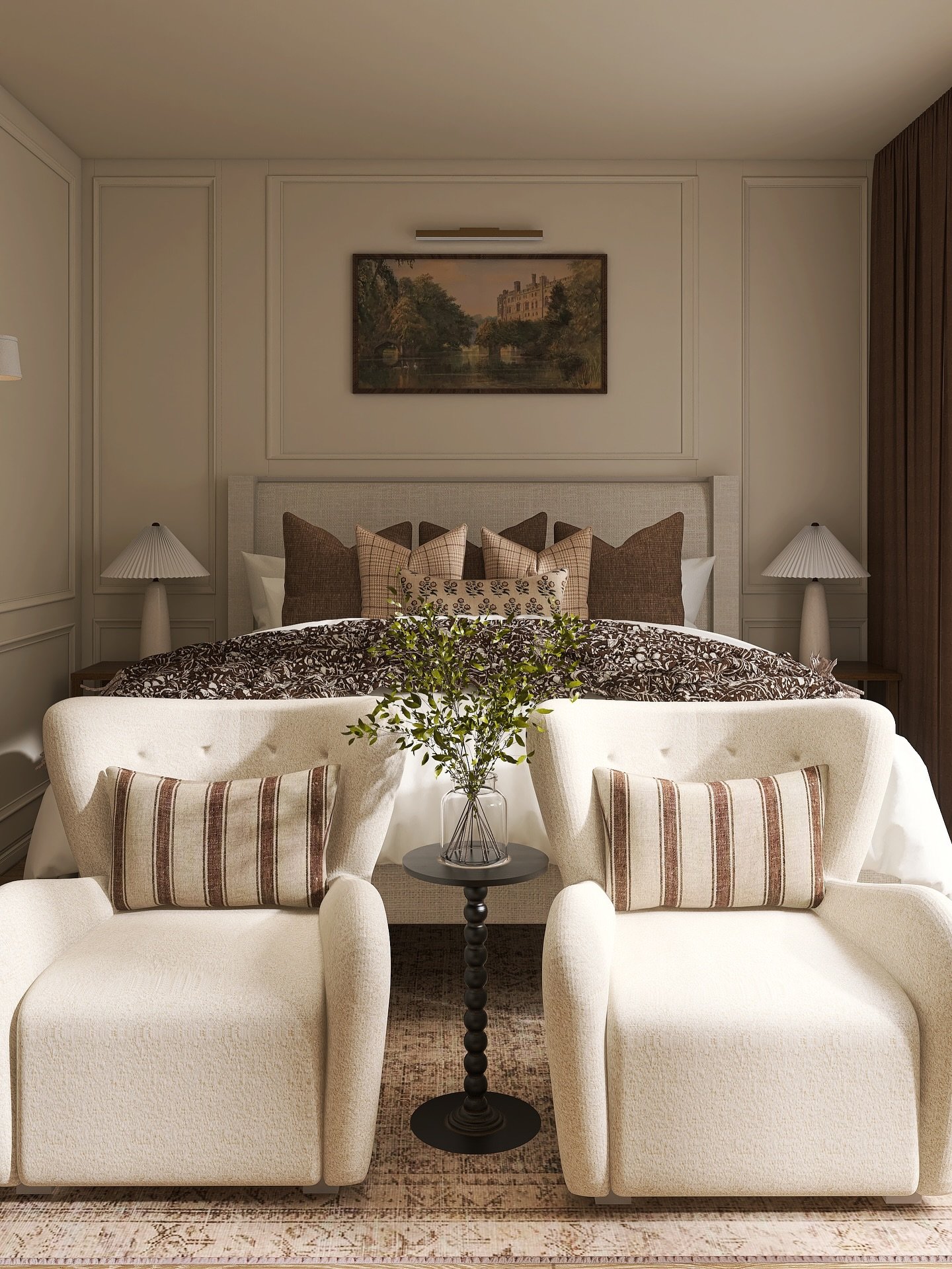 Beige bedroom featuring two white armchairs at the foot of the bed, brown floral bedding, and classic wall molding