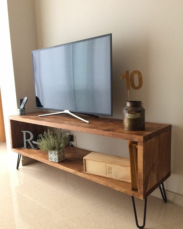 Reclaimed wood TV stand with open shelf and hairpin legs
