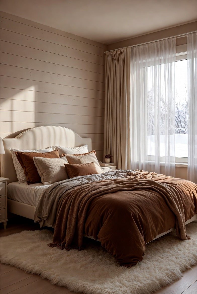 Bedroom with cream shiplap walls, brown duvet, fluffy white rug, and snowy window view.
