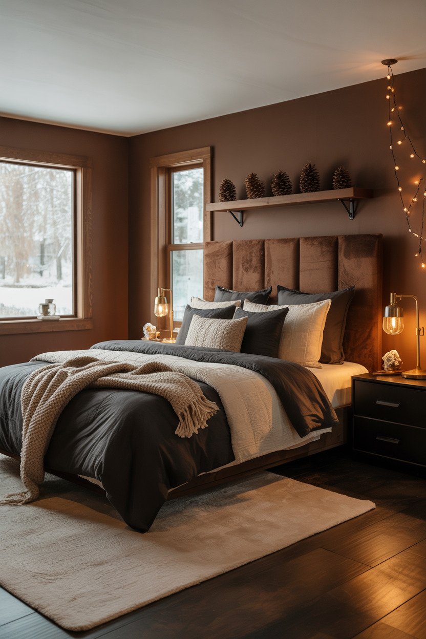 Brown bedroom with pinecones and string lights