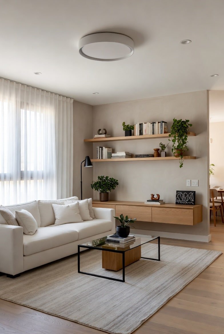 Long light wood floating shelves with books and greenery above a matching media console