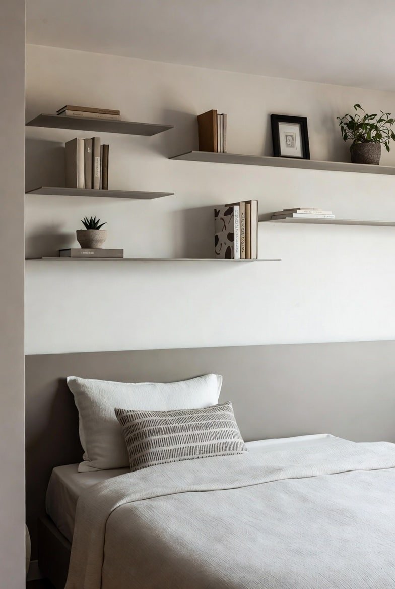 Thin grey floating shelves staggered above bed with minimal books and plants.