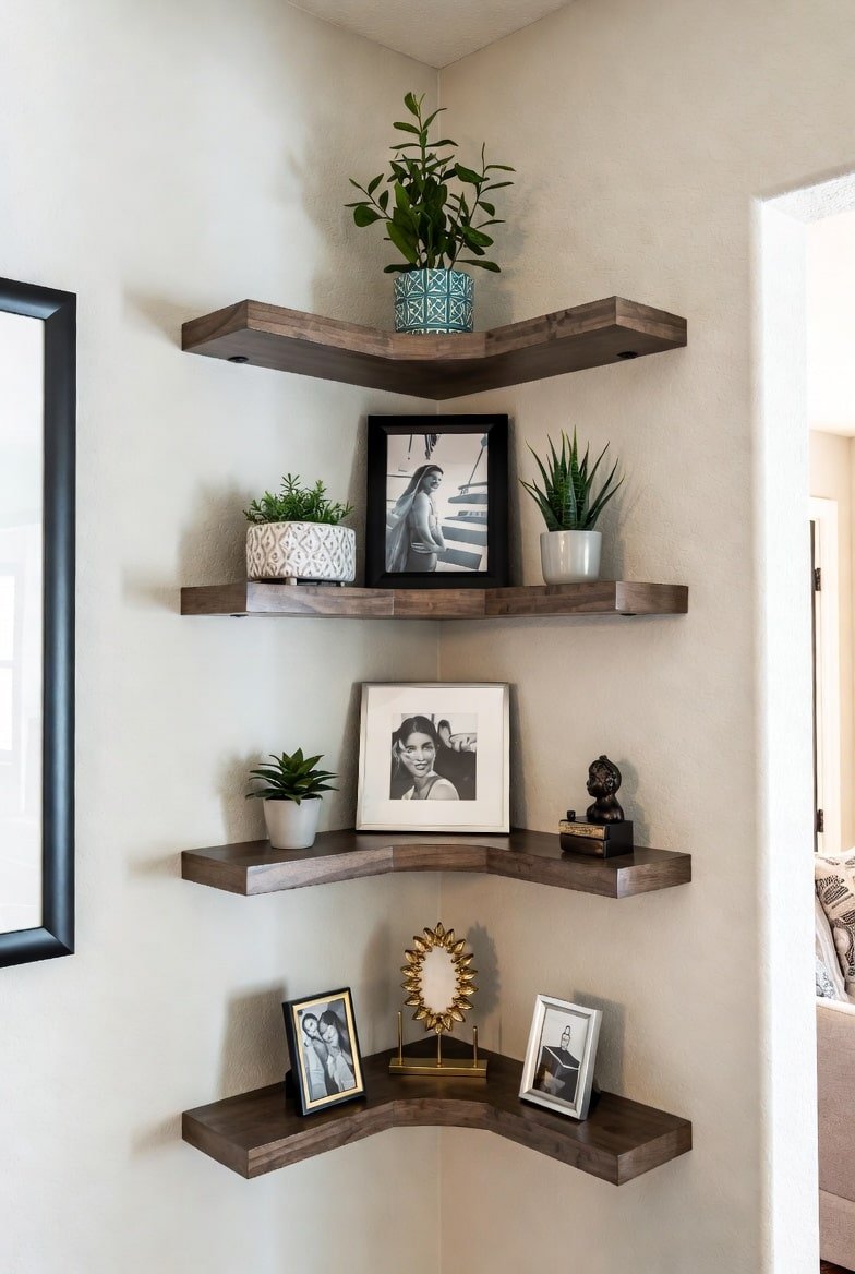 Four tiered dark wood corner floating shelves with a distinctive chevron-shaped front edge profile.