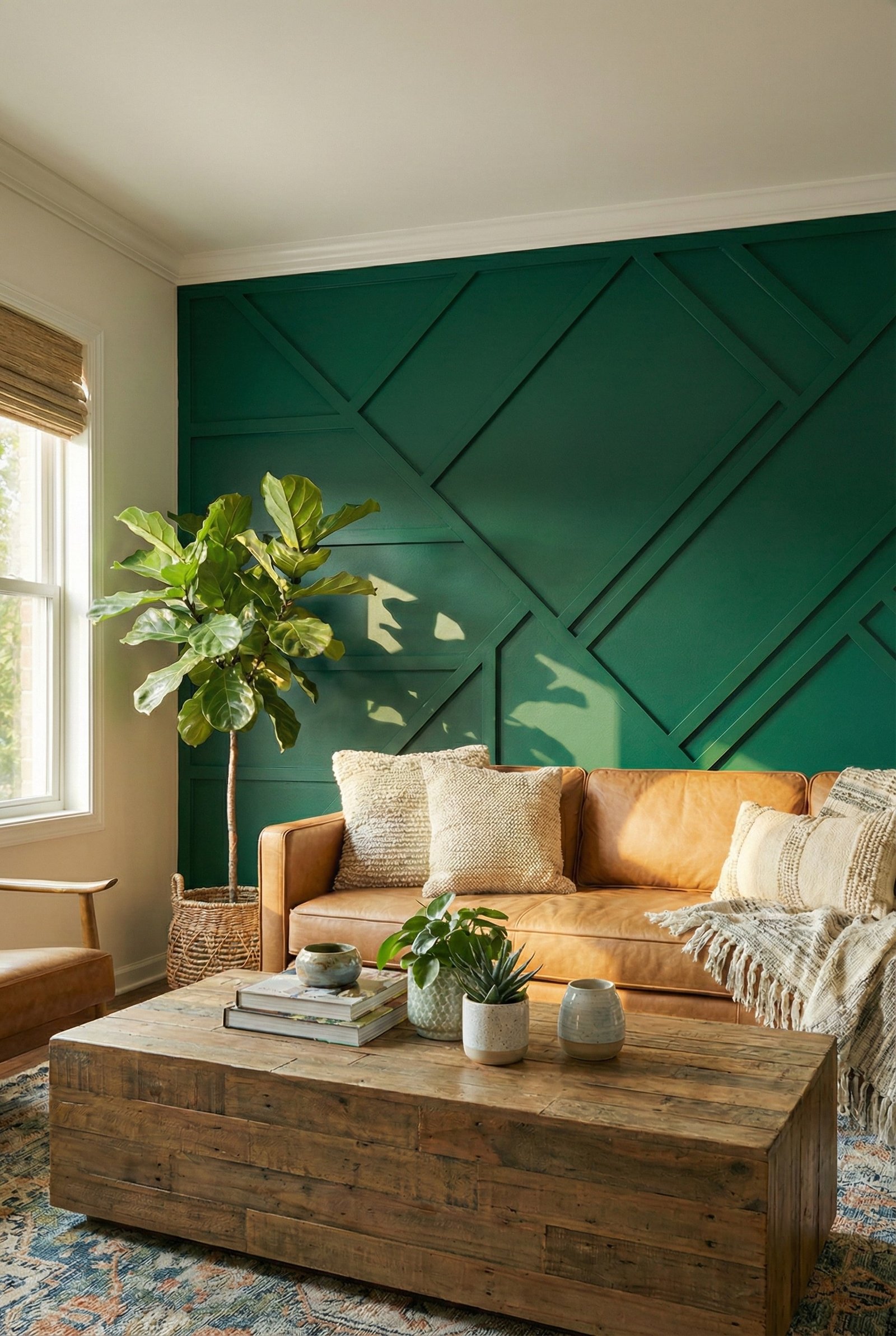 Emerald green accent wall with diagonal geometric wood paneling behind a leather couch