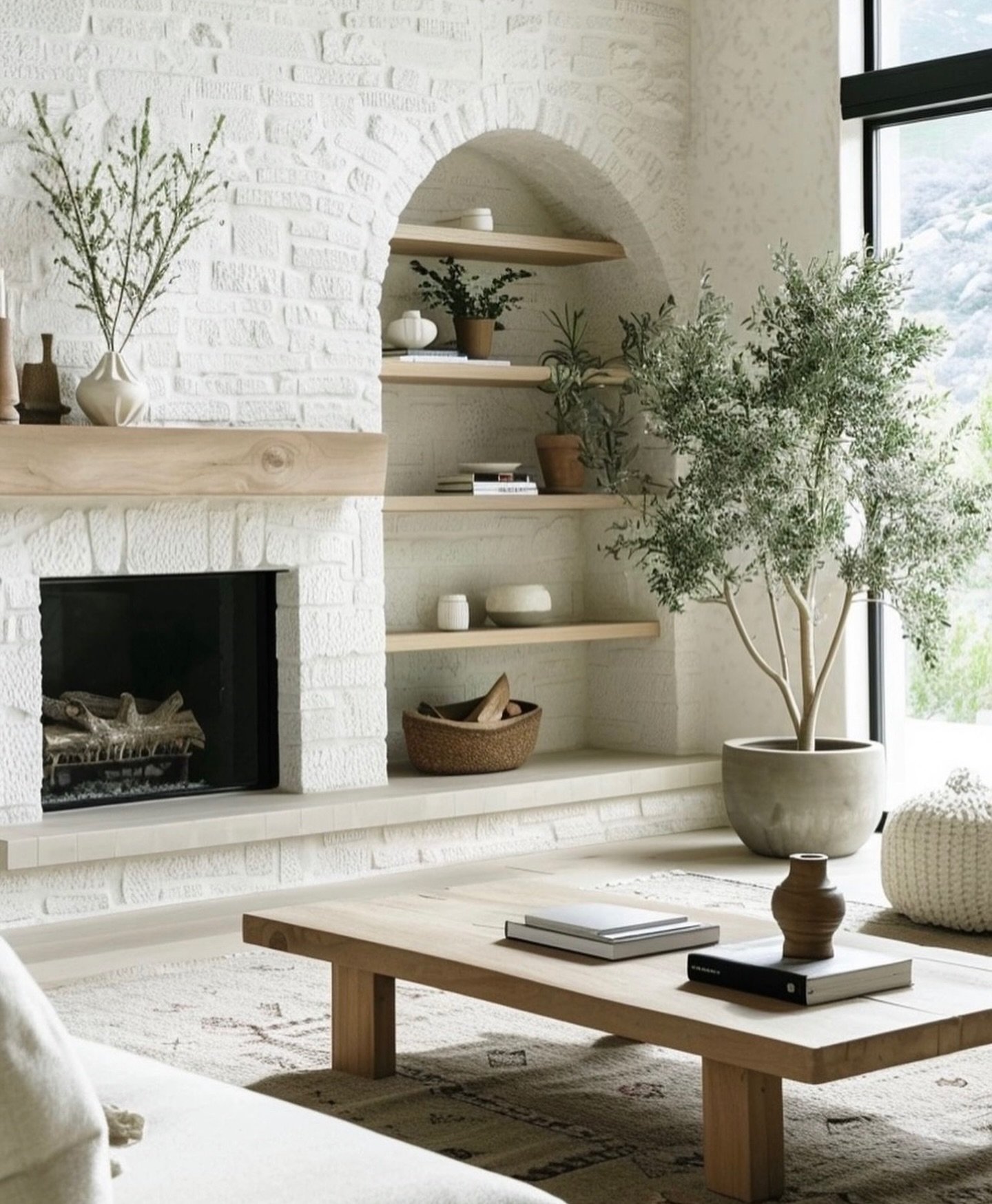 A white painted stone fireplace with a smooth, light wood mantel and a black firebox, featuring a large, adjacent arched niche with light wood shelving for display.