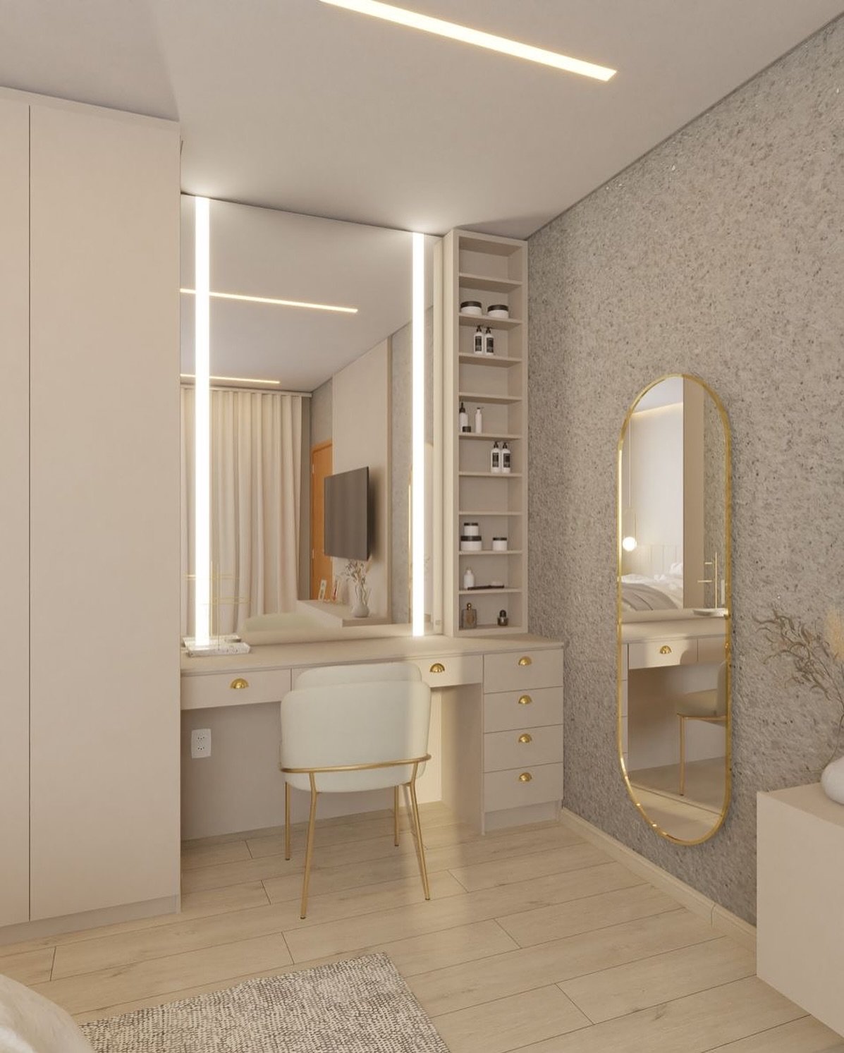 A built-in neutral-toned dressing table with drawers, an integrated vertical shelf unit, and a large mirror featuring two vertical strip lights, set against a textured gray wall.