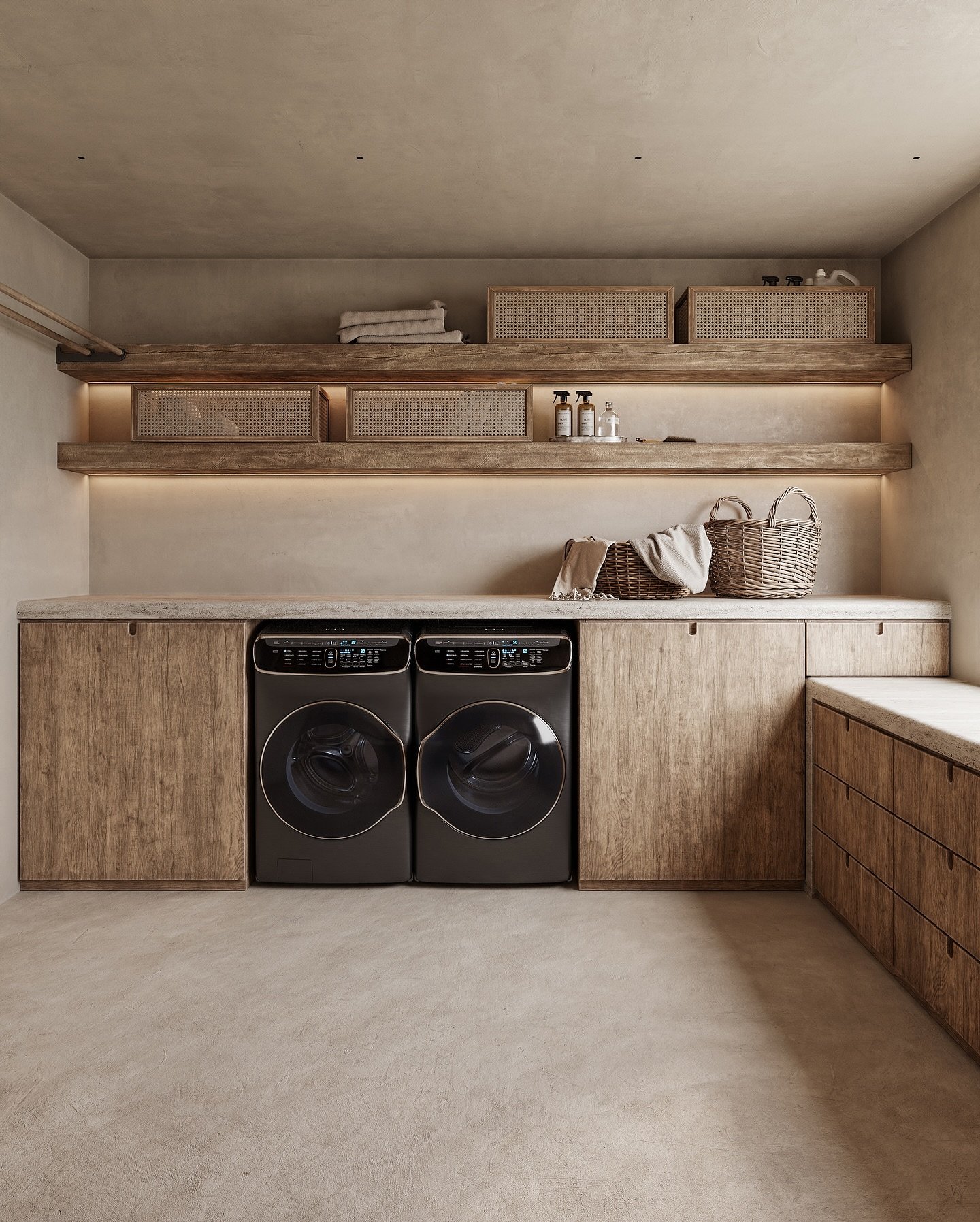 Floating wooden laundry shelves with integrated LED lighting holding cane baskets on a concrete wall