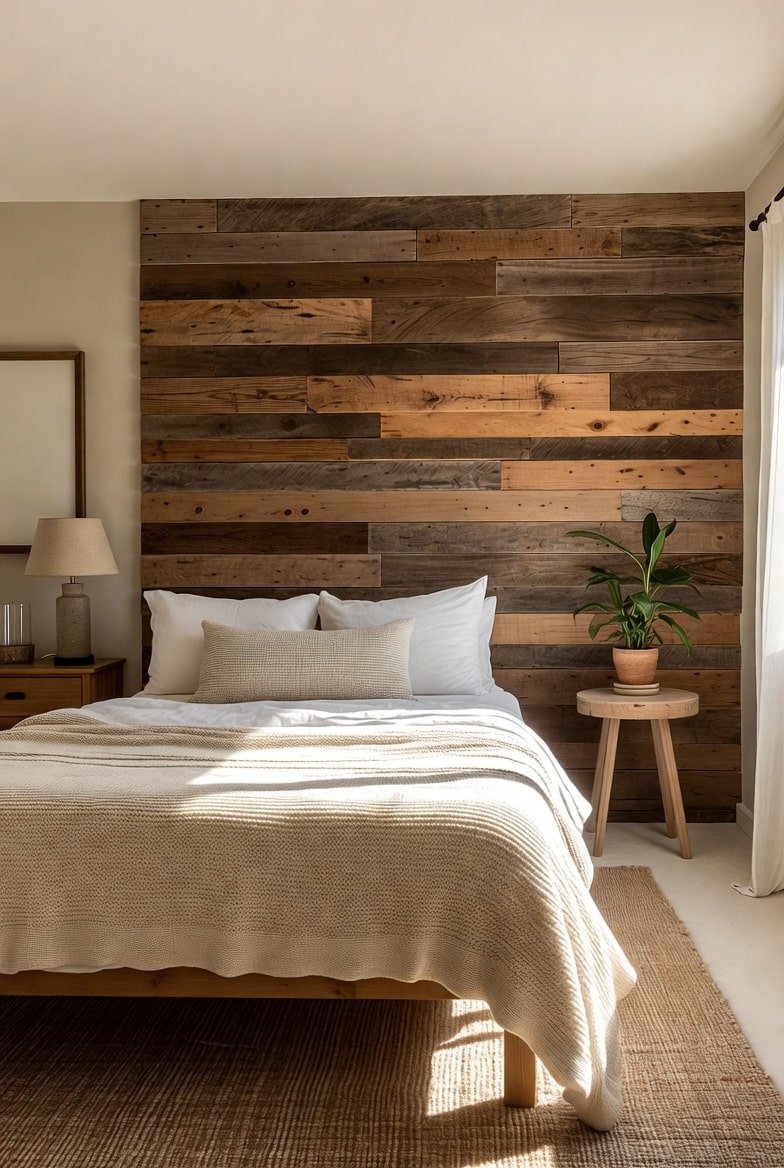 Bedroom featuring a reclaimed wood accent wall, cream bedding, and a rustic wooden stool.