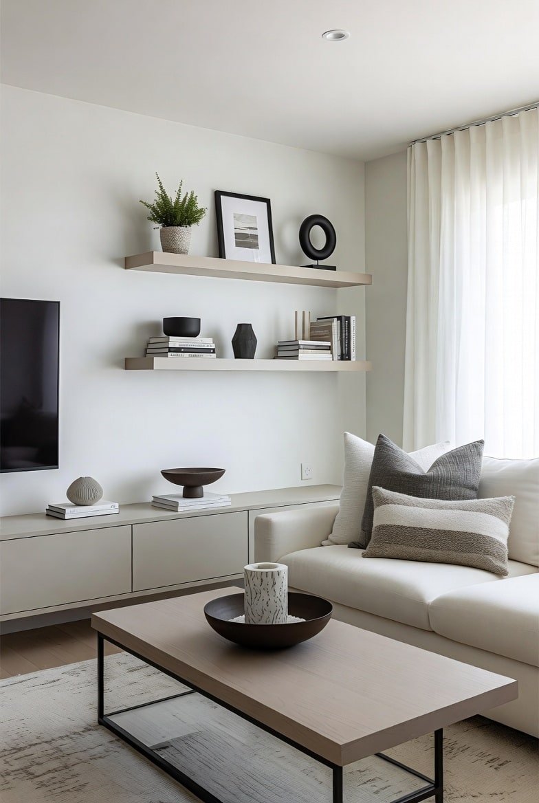 Two beige floating shelves with black decor above a low media unit