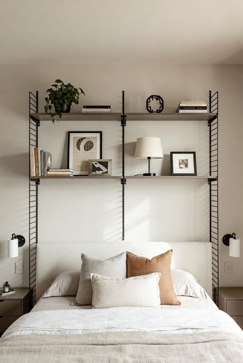 Black wire shelving unit above bed with adjustable grey shelves holding lamp and books.