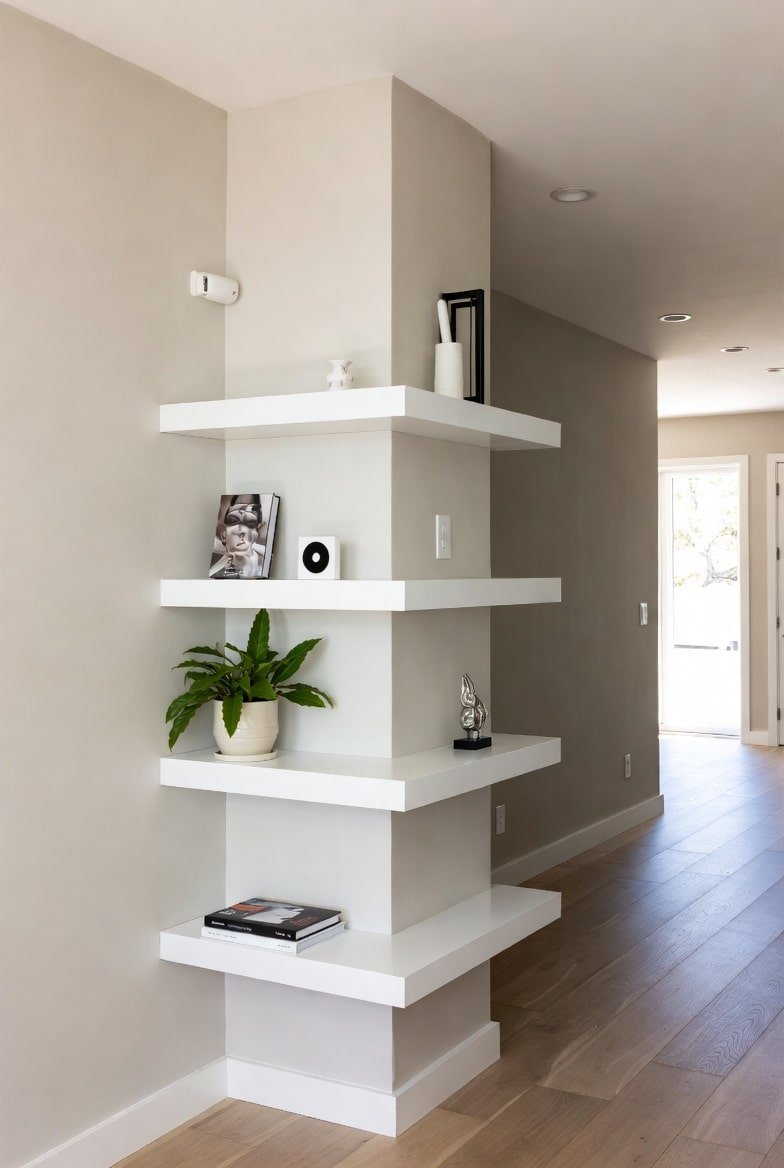 Thick white L-shaped floating shelves wrapping around an external wall corner column.
