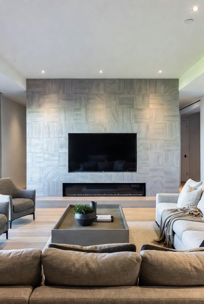 Light grey textured stone tile accent wall with checkerboard pattern housing a TV