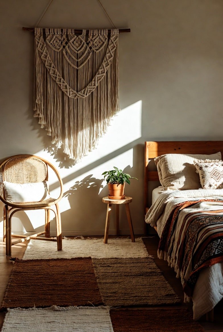Bohemian bedroom with large macramé wall hanging, rattan chair, and patterned brown bedding.