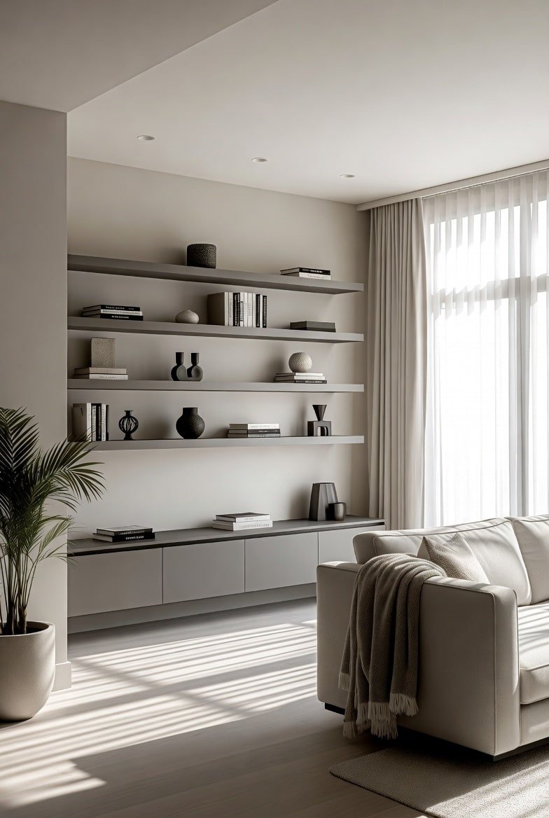 Grey wall-to-wall floating shelves with minimalist decor