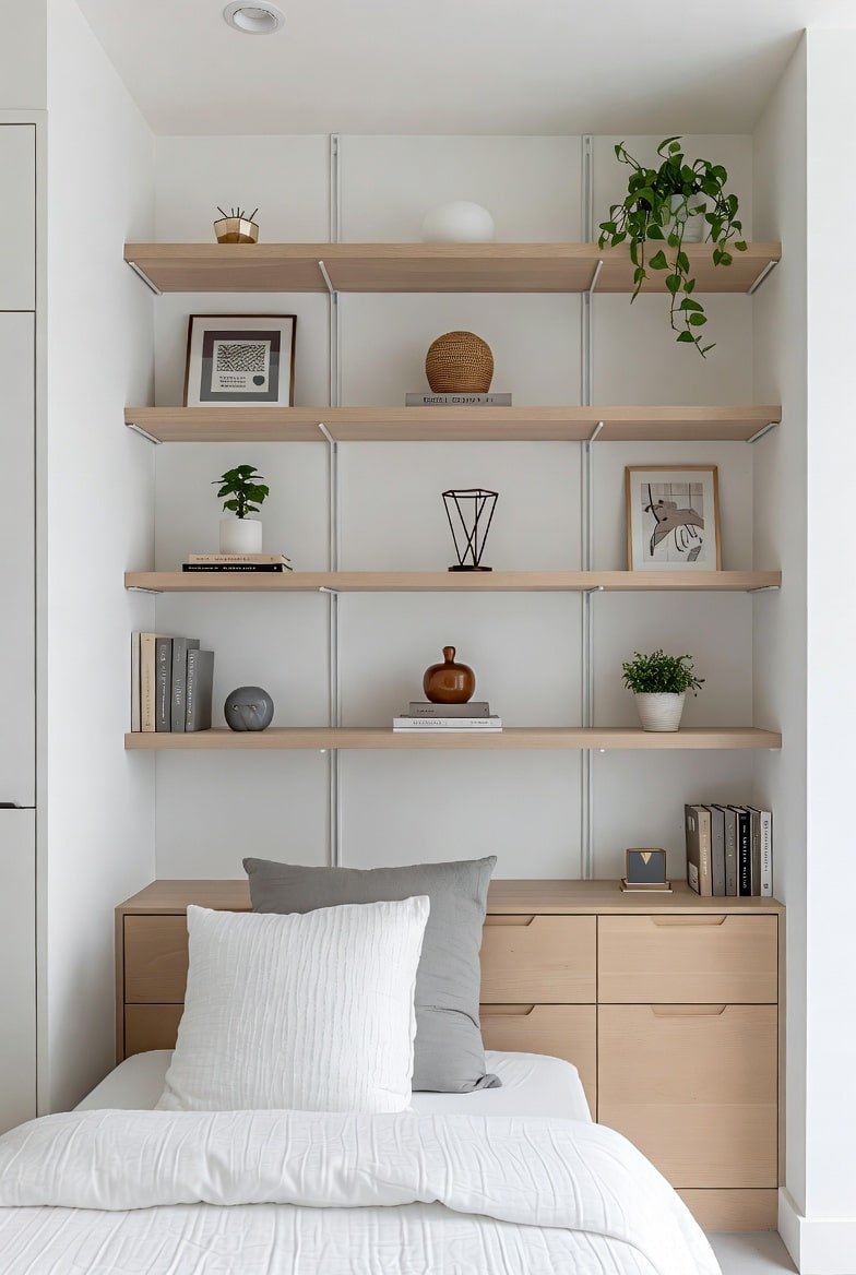 Floor-to-ceiling adjustable wooden shelves on white tracks in bedroom alcove.