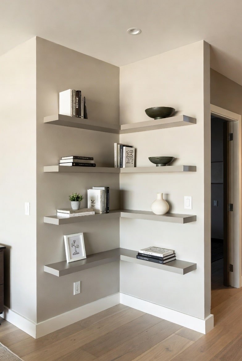Four greige floating shelves blending into a matching corner wall with minimalist decor.
