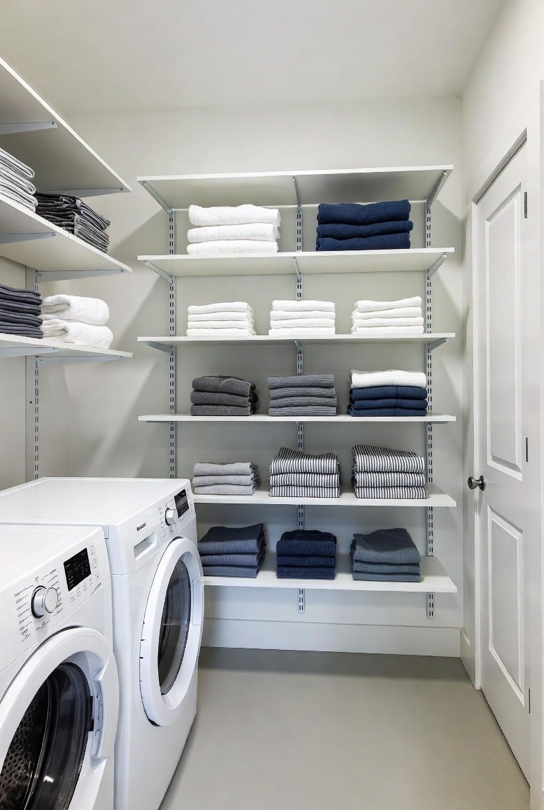 White adjustable laundry shelves filled with stacks of blue and white towels next to a washing machine