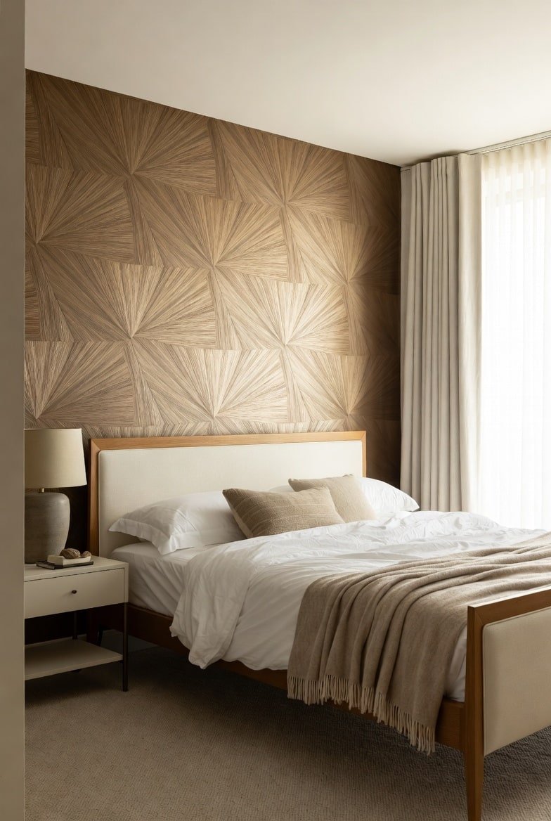 Modern bedroom with geometric wood patterned wall, cream bed frame, and beige throw.