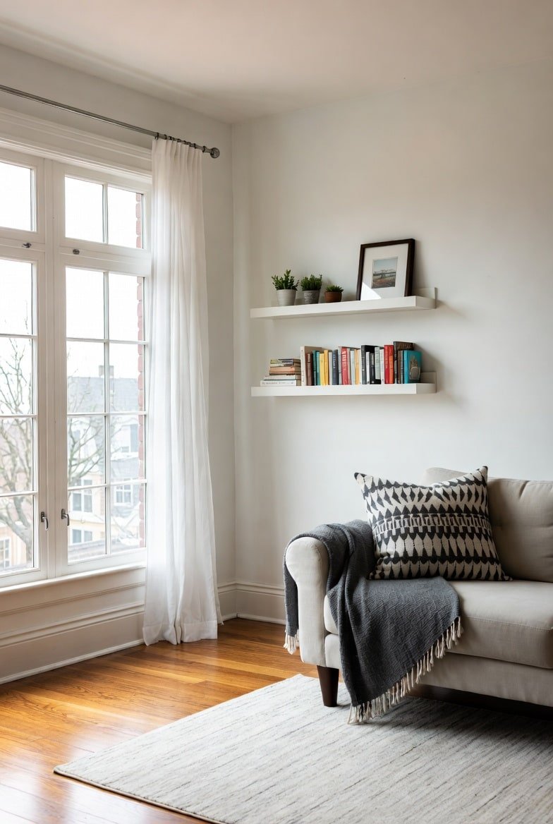 Two white floating shelves holding colorful books and plants above a beige sofa