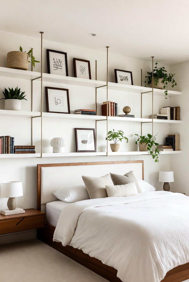 Wide white shelves suspended by brass rods from ceiling above bed.