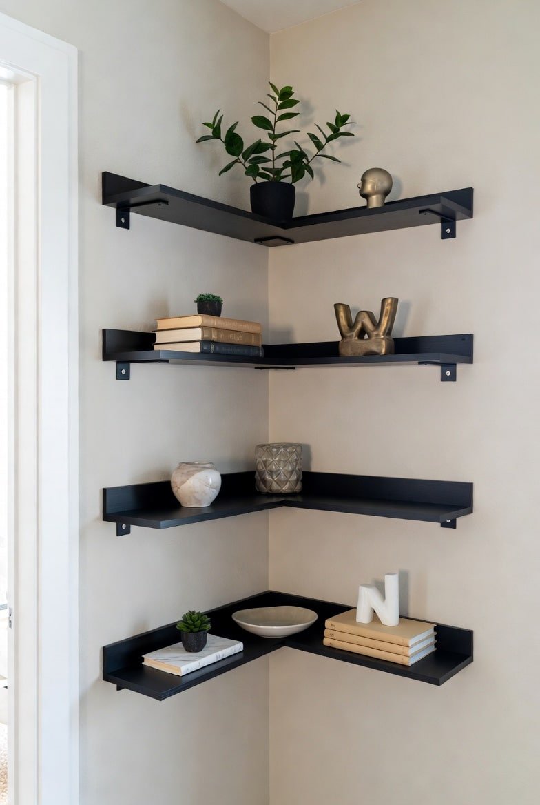 Four thin black L-shaped corner shelves with back guards mounted on a beige wall.