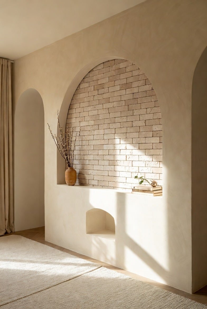 Large arched wall niche filled with beige brick texture in a plastered wall