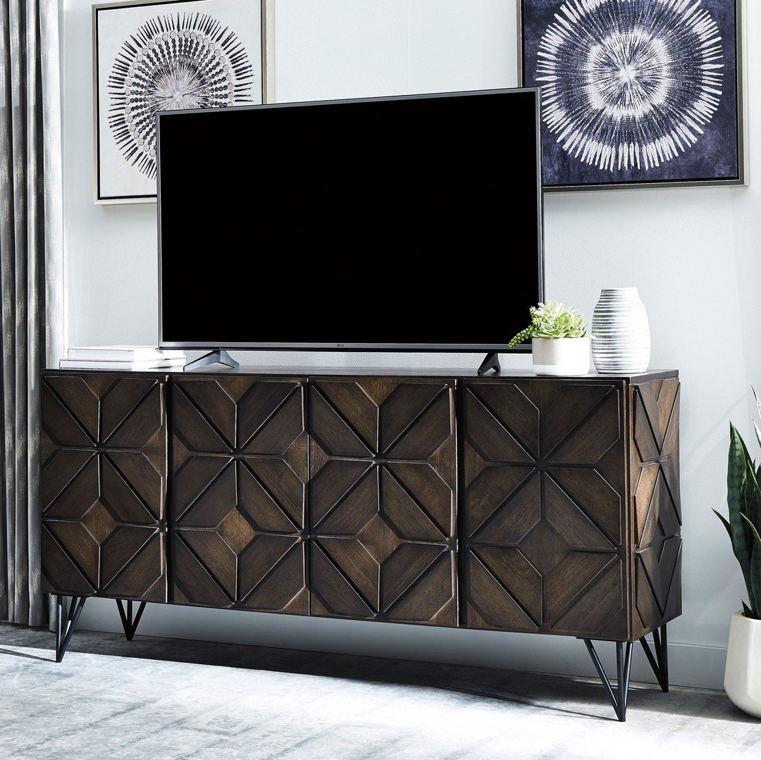 Dark wood TV console with raised diamond geometric patterns and hairpin legs