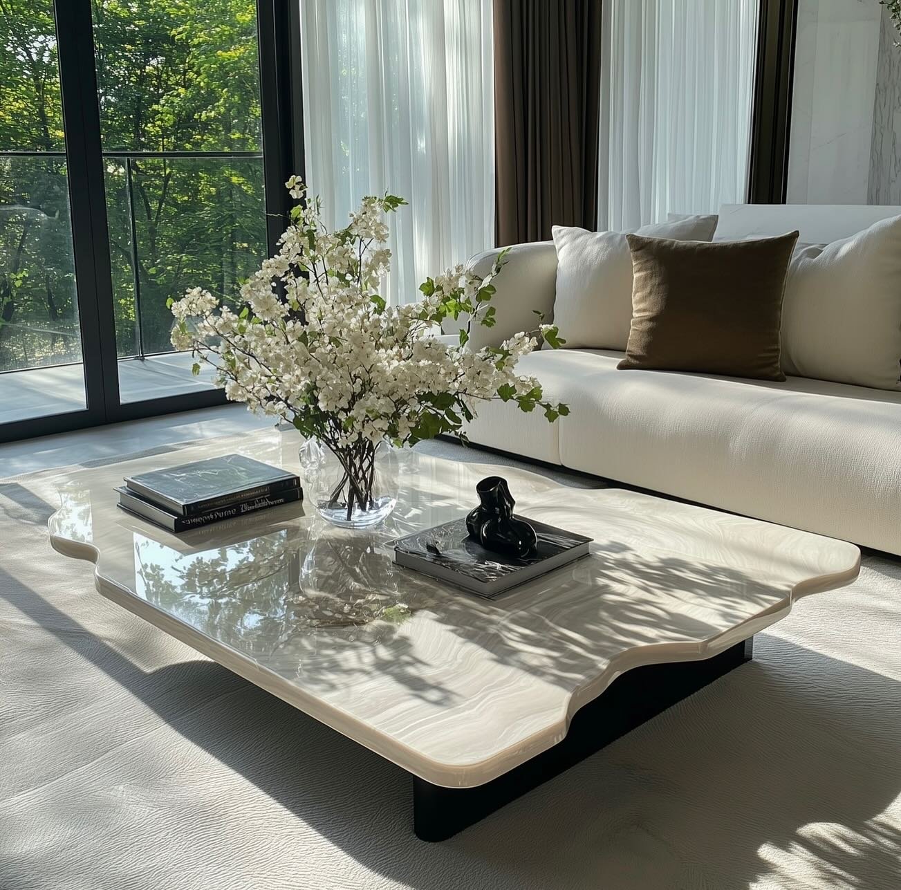 Large low rectangular coffee table with wavy edges and glossy finish