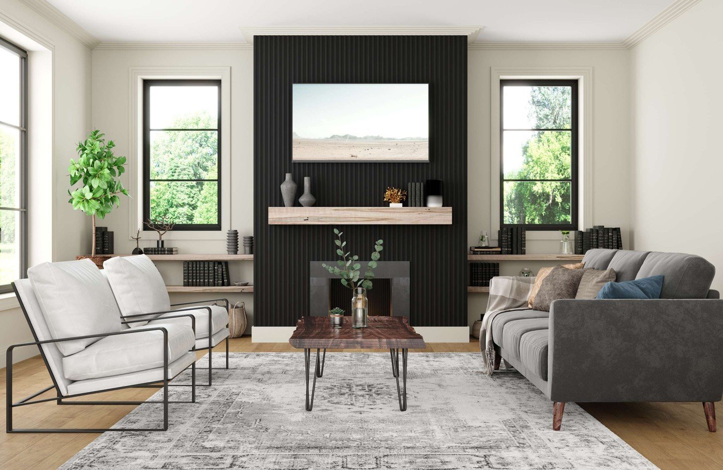 Symmetrical living room featuring a tall, black fluted panel fireplace accent wall with a natural wood floating mantel and built-in side shelving.