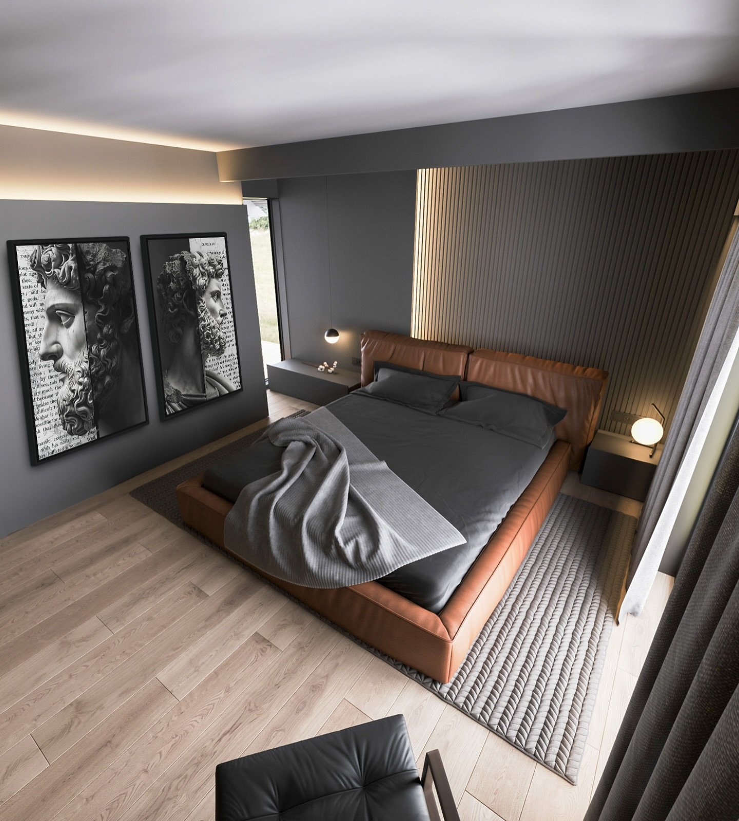 Bedroom with brown leather bed and large classical art prints