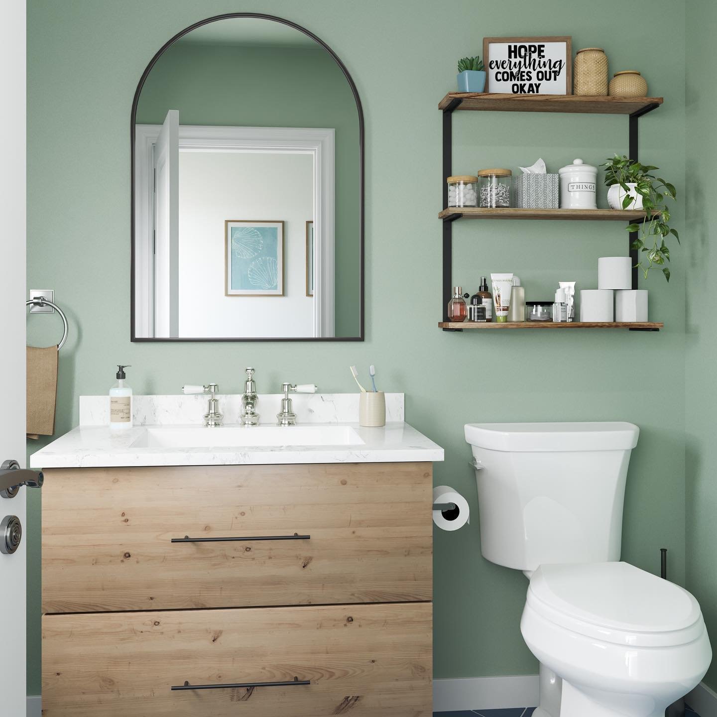 Three-tier wood and black metal shelf unit mounted on green bathroom wall