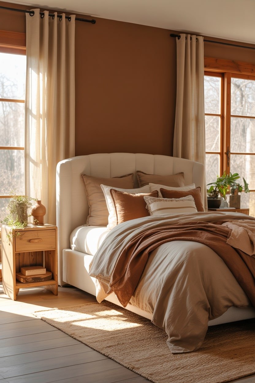Sunny bedroom with terracotta walls, cream tufted bed, and rust bedding.