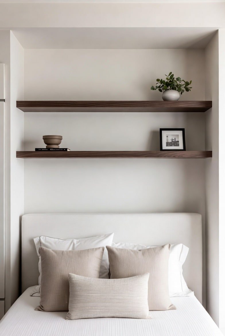 Two dark walnut floating shelves built into a white bedroom alcove.