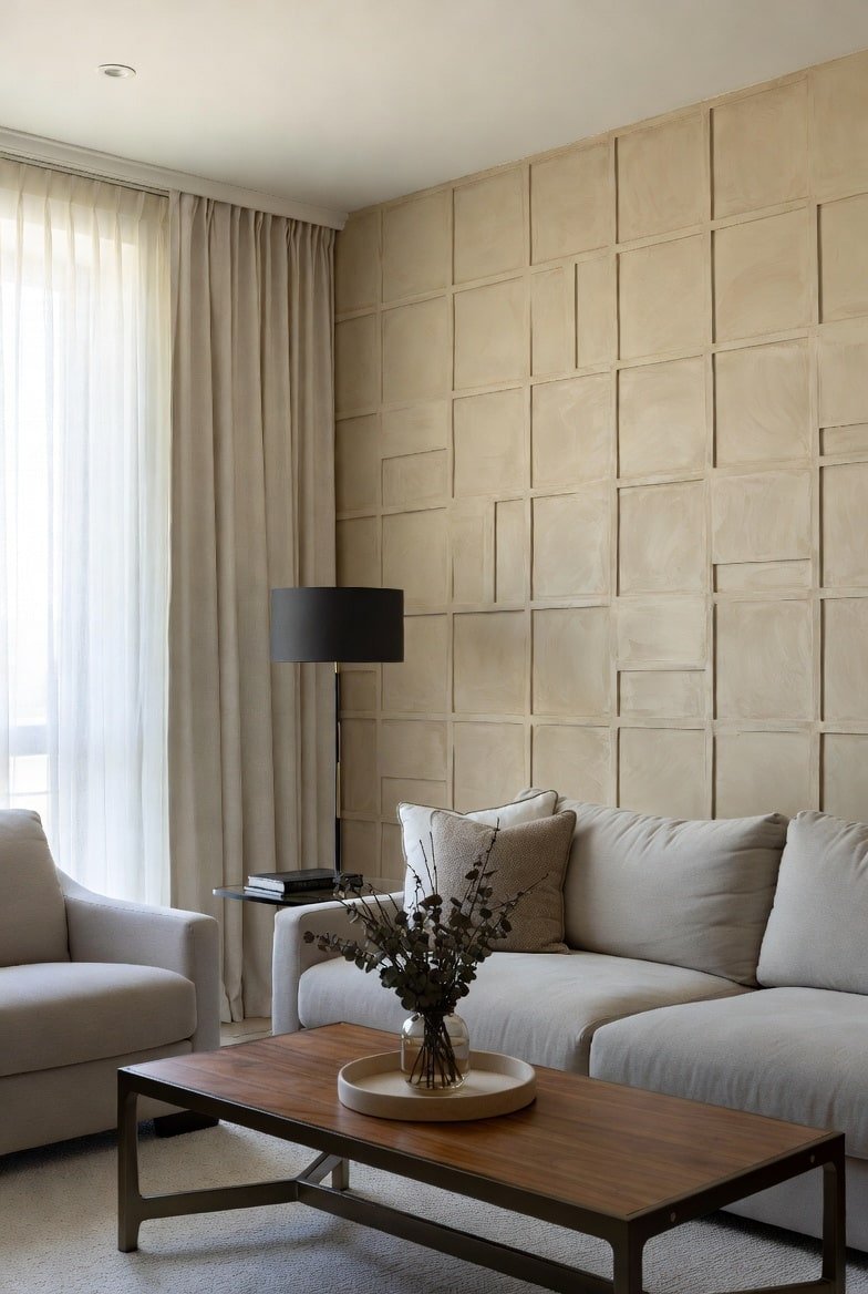Beige living room wall with textured square grid paneling and limewash finish
