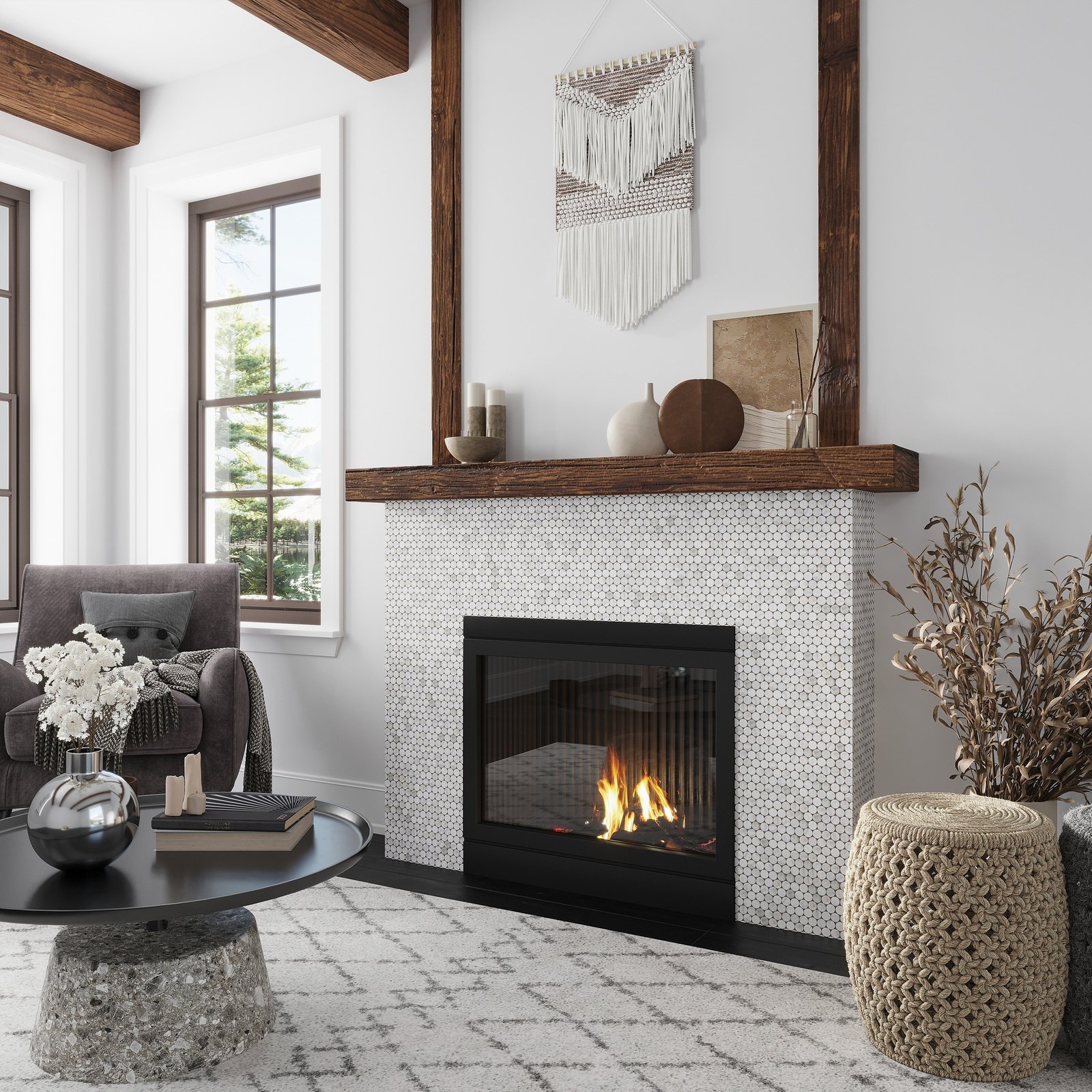 A modern rustic fireplace with exposed wood beams, featuring a surround tiled with tiny white penny round mosaic tiles.