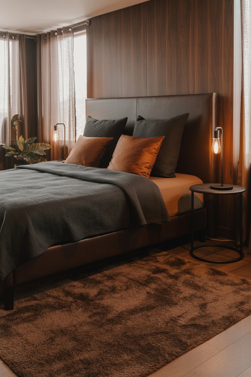 Bedroom with wood paneling and black industrial lamp