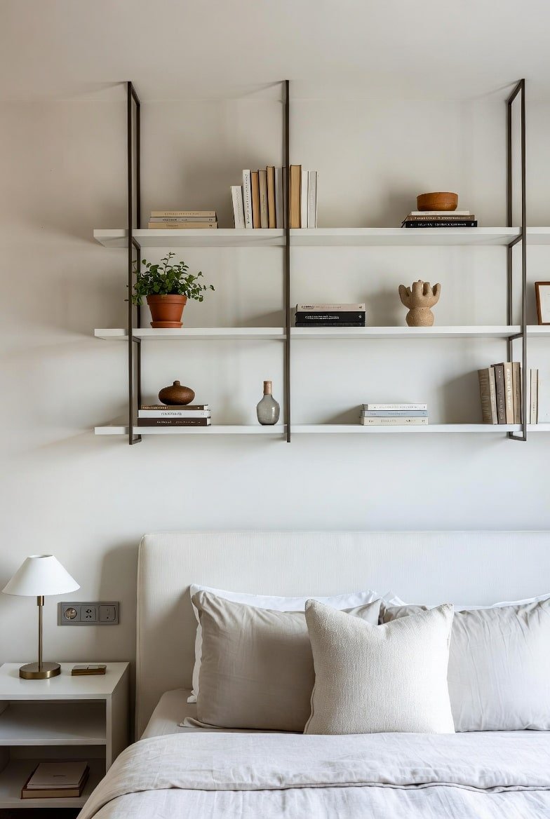 Three white shelves supported by thin vertical metal bars above bed with books.