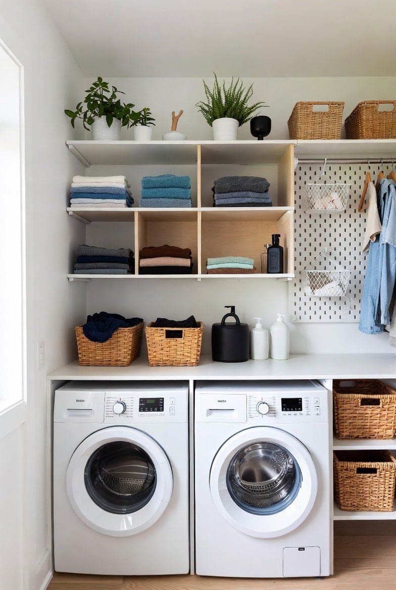 White and light wood laundry shelving with cubbies, a hanging rod, and a pegboard holding towels and plants