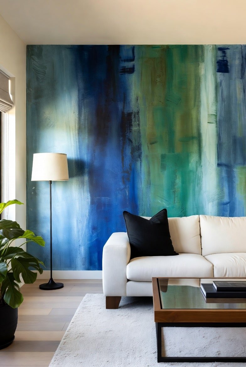 Abstract blue and green hand-painted mural accent wall