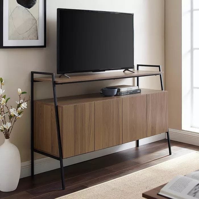 Ladder style TV stand with elevated shelf and lower wooden cabinet