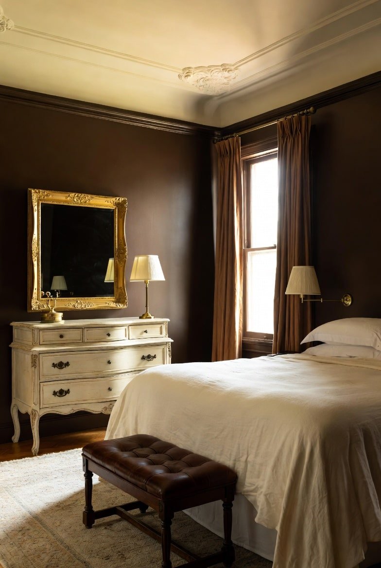 Dark brown bedroom with antique cream dresser, gold mirror, and tufted leather bench.