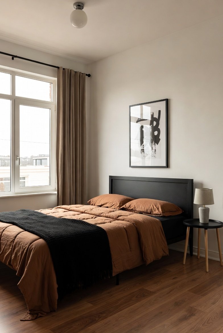 White bedroom with black bed and rust duvet
