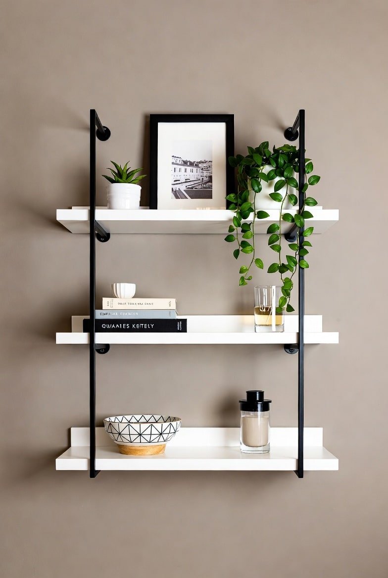 Three-tier white shelves with black industrial pipe supports on a beige wall