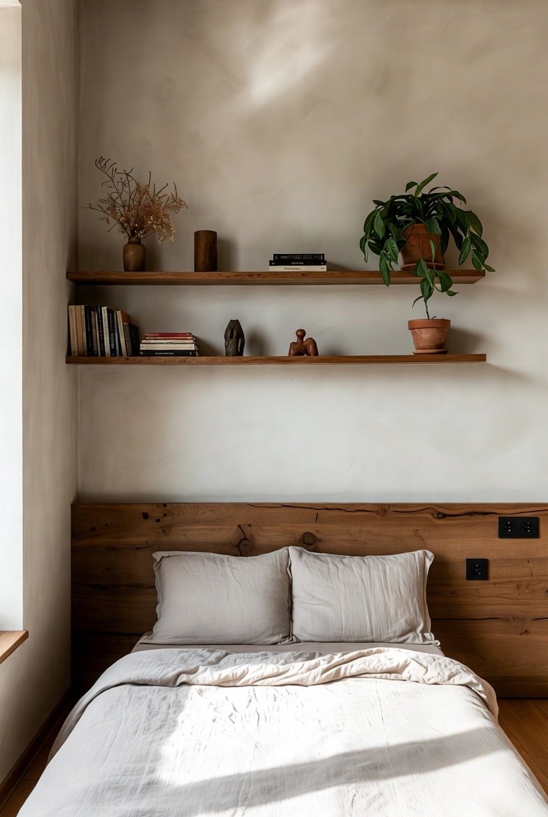 Two wooden shelves on textured wall above wooden headboard with plants and decor.