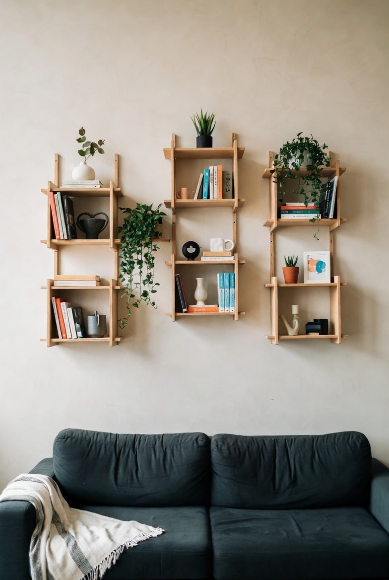 Three vertical wooden shelving units displaying books and plants above a dark velvet sofa