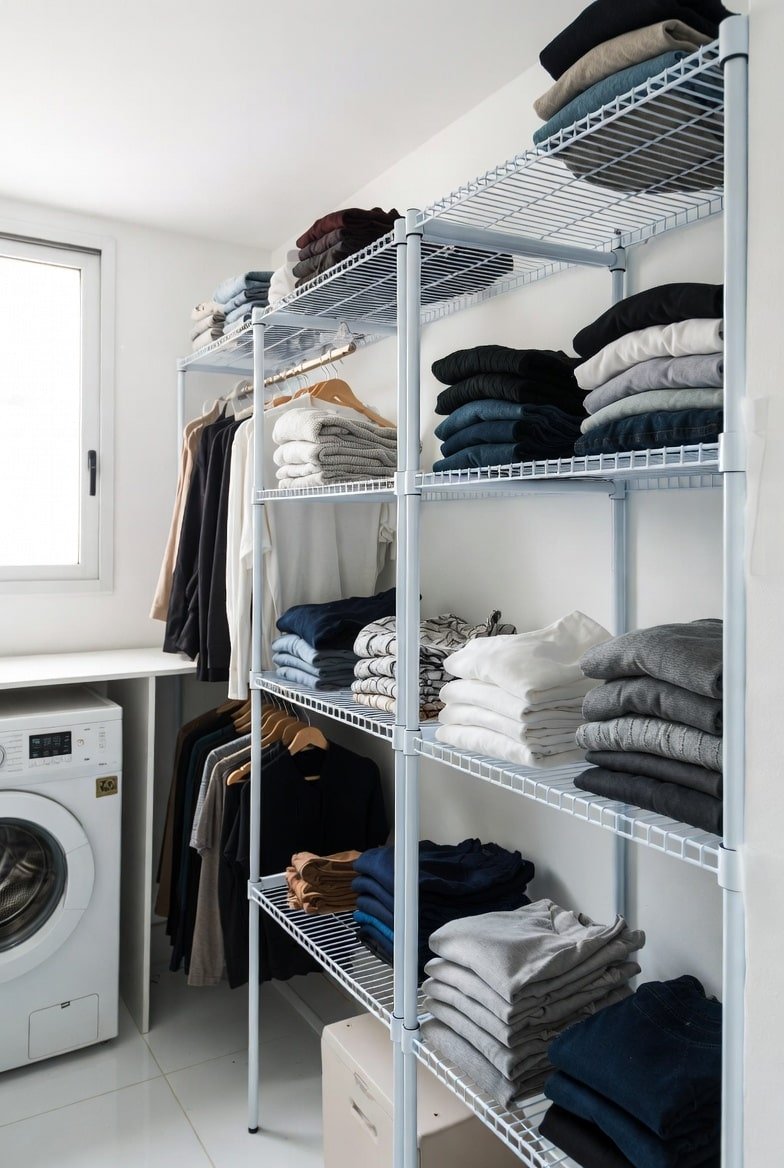 Tall white wire laundry shelves standing on the floor holding stacks of folded clothes and hanging shirts next to a washer