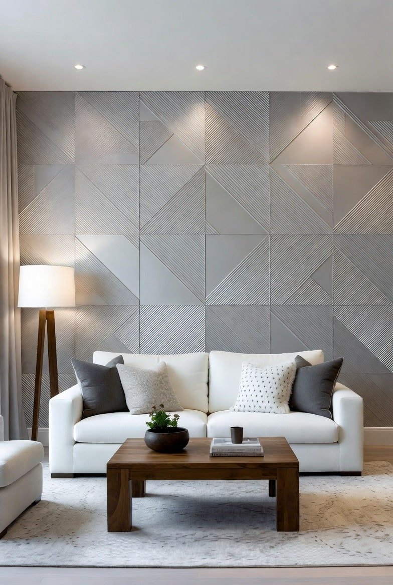 Grey living room wall featuring textured 3D geometric panels with diagonal lines