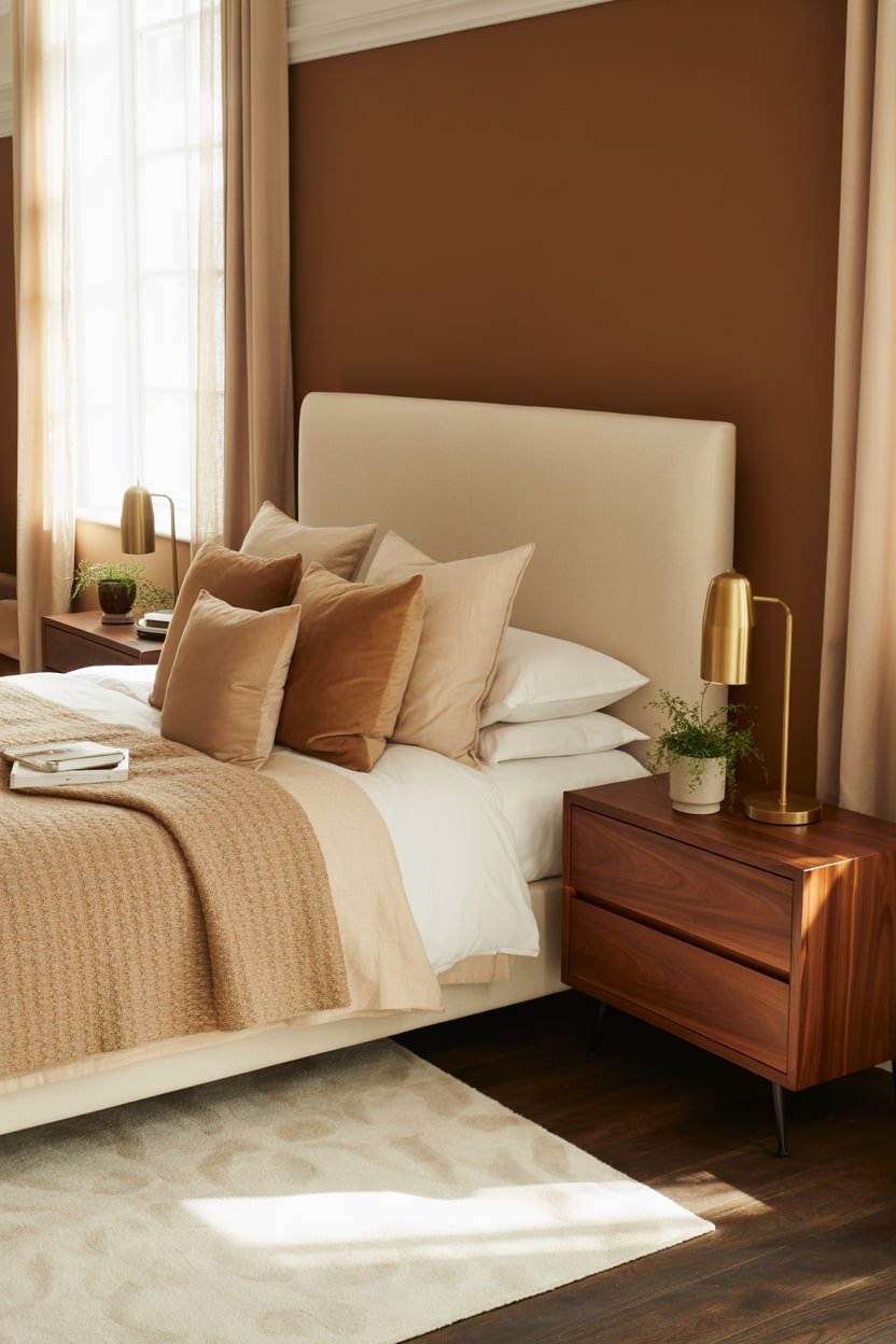 Modern bedroom with brown walls, walnut nightstand, and brass lamp.